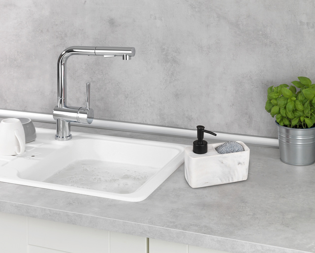 Dozownik płynu do naczyń RESA MARBLE z przegrodą na gąbkę, biały, WENKO