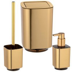 Zestaw akcesoriów łazienkowych AURON, dozownik na mydło w płynie + szczotka wc + kosz łazienkowy, złoty, WENKO