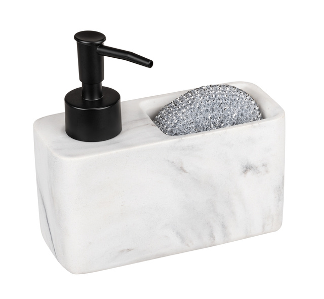Dozownik płynu do naczyń RESA MARBLE z przegrodą na gąbkę, biały, WENKO