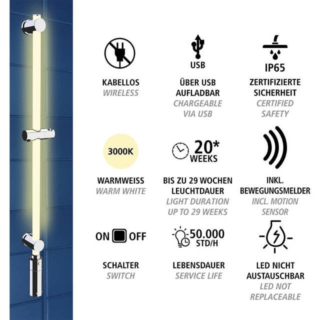 Drążek prysznicowy LED 94 cm, ciepła biel, WENKO