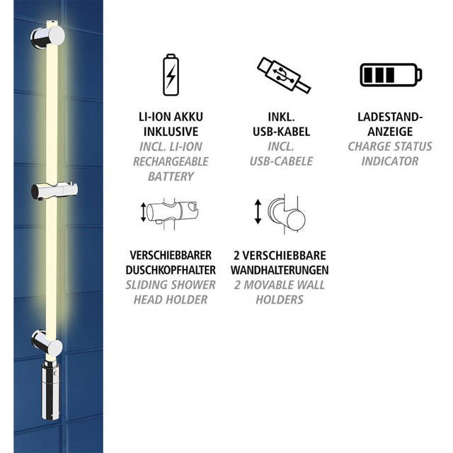 Drążek prysznicowy LED 94 cm, ciepła biel, WENKO