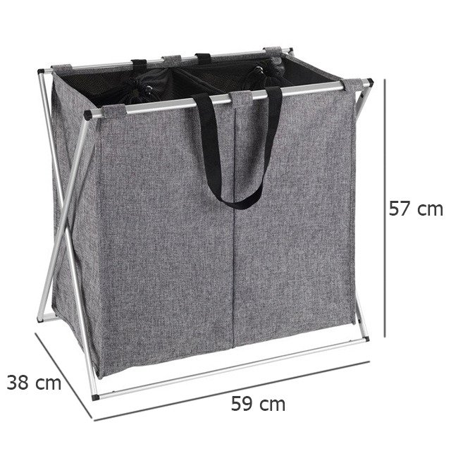 Kosz materiałowy na pranie DUO z 2 przegrodami, składany pojemnik z aluminiowym stelażem - 2 x 60 l, 57 x 59 x 38 cm, WENKO