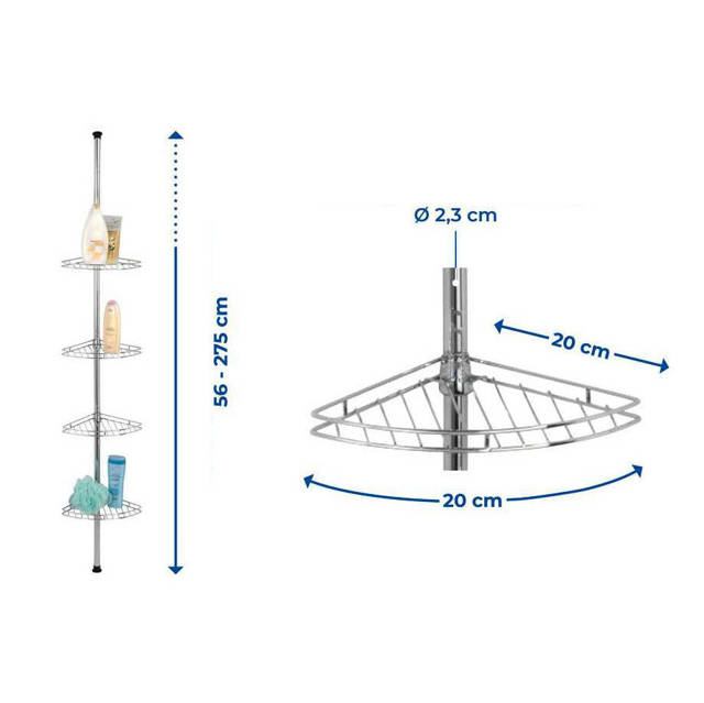 Narożna, teleskopowa półka łazienkowa pod prysznic - aż 4 poziomy