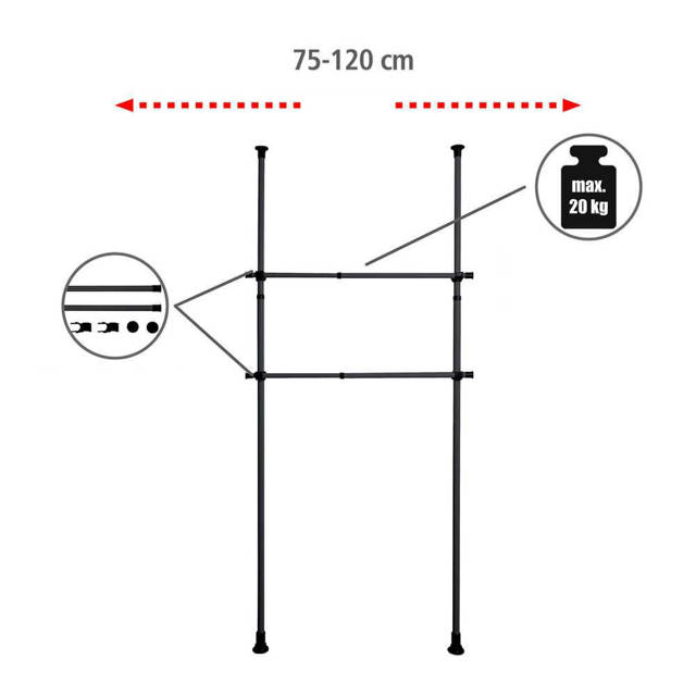 Szyna do garderoby, drążek do ubrań HERKULES 2 sztuki, 75-120 cm, WENKO